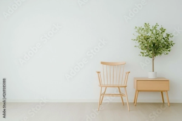 Fototapeta Minimalist living room interior with bright chair and potted plant, emphasizing simplicity and tranquility in modern design