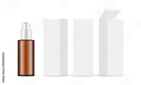 Fototapeta Amber Cosmetic Pump Bottle Mockup With Three Packaging Boxes, Front And Side View. Vector Illustration