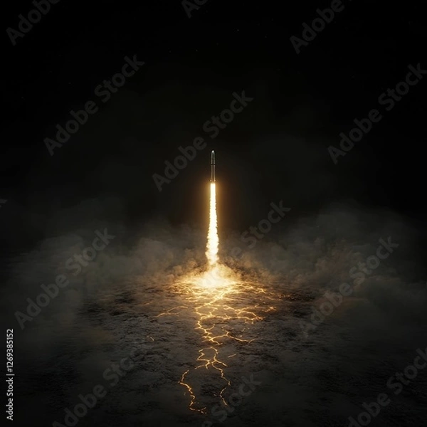Fototapeta Rocket liftoff event from launch pad scorched surface digital environment dramatic viewpoint space exploration concept