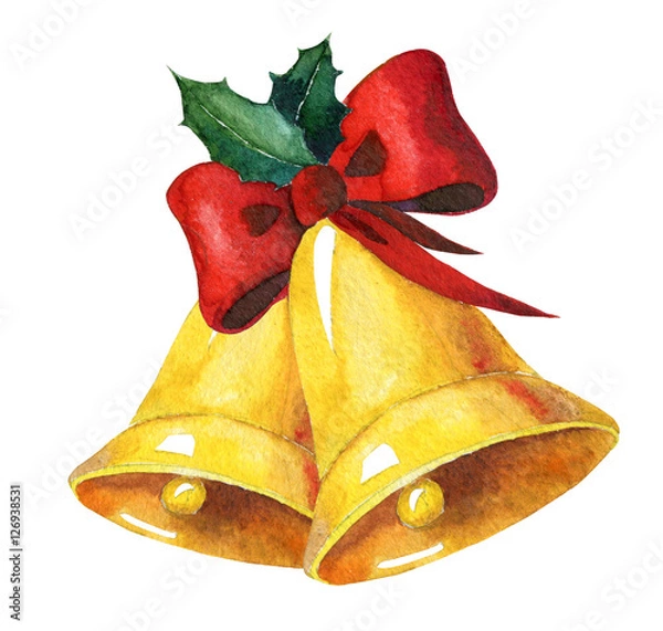 Obraz Golden watercolor christmas bells with red ribbon and holly on white background