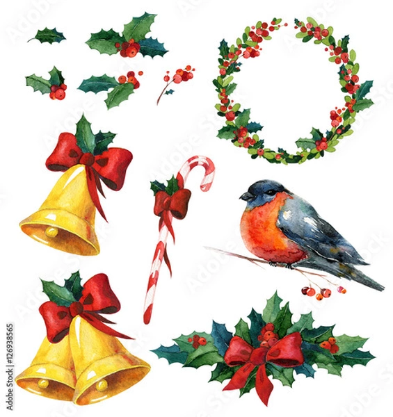 Obraz Christmas watercolor set with holly, red winter bird bullfinch,wreath, golden bells and candy cane. Can be used for wrapping paper or card design.