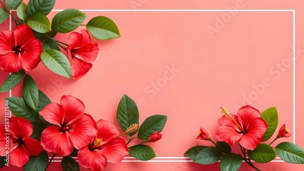 Fototapeta Tropical Coral Border with Hibiscus Flowers and Soft Green Leaves for Vibrant Designs