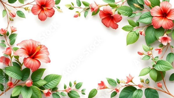 Fototapeta Tropical Coral Border with Hibiscus Flowers and Soft Green Leaves for Vibrant Designs