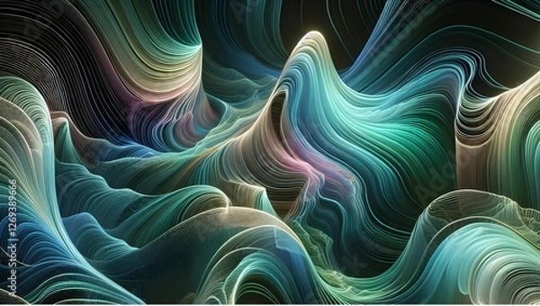 Fototapeta abstract fractal background, Colorful Wavy Particles Surface on Dark Background. Technology or Science Banner. Vector background with color abstract wave