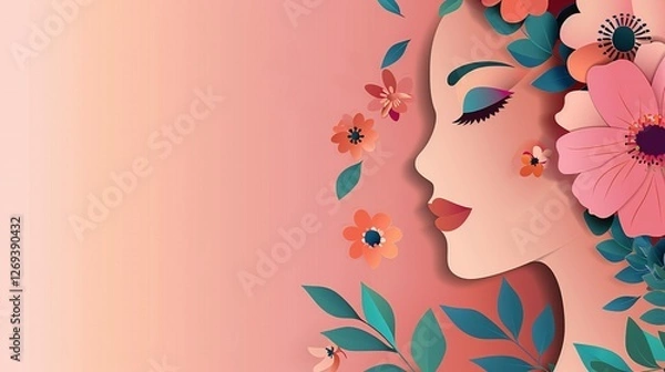 Obraz Beautiful Paper Art-Style Illustration of Woman's Face with Flowers and Leaves on Pink Background with Copy Space for Text, High-Resolution and Colorful Design