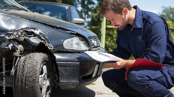 Obraz Man Inspecting Damaged Car in Accident Scene with Clipboard