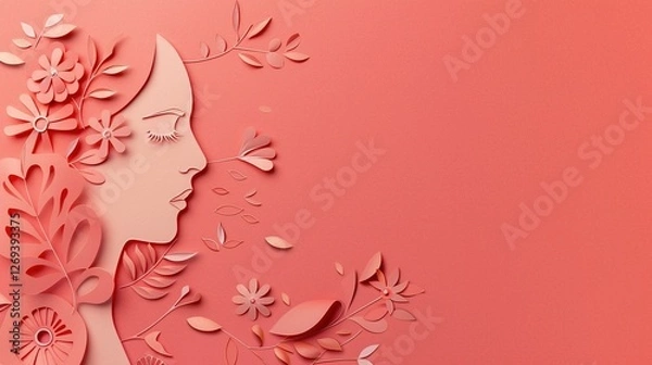 Obraz Beautiful Paper Art-Style Illustration of Woman's Face with Flowers and Leaves on Pink Background with Copy Space for Text, High-Resolution and Colorful Design