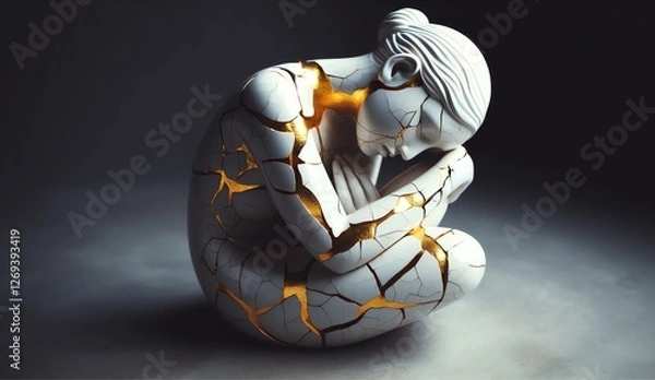 Fototapeta Kintsugi Serenity – Porcelain Human Figure with Golden Cracks in a Contemplative Pose