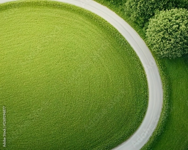 Fototapeta A scenic overhead view of a winding road surrounded by vibrant green grass and trees, showcasing the beauty of nature and peaceful landscapes.