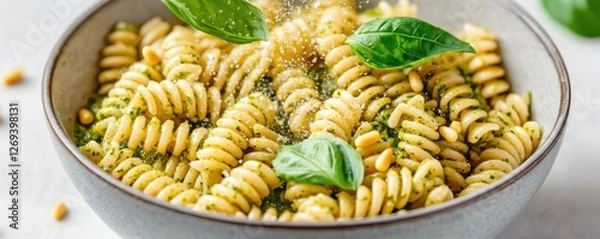 Obraz A vibrant bowl of fusilli pasta garnished with fresh basil leaves and sprinkled with seasoning, showcasing a delicious and inviting meal.