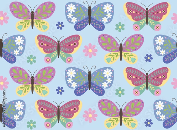 Fototapeta Seamless pattern with decorative butterflies and flowers. Abstract colorful background