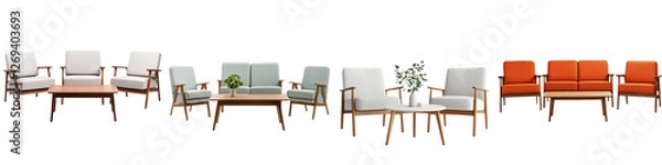 Fototapeta A harmonious and visually appealing modern living room with a carefully curated arrangement of elegant and minimalist furniture including couches chairs and a coffee table