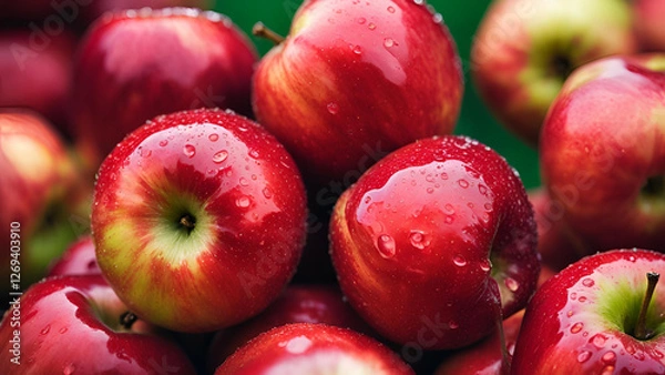 Fototapeta A backdrop featuring numerous ripe, succulent red apples adorned with droplets of water