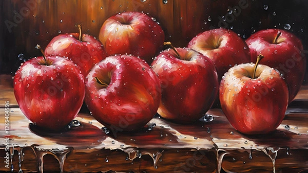 Fototapeta An array of plump, juicy red apples, glistening with water droplets, serves as the background