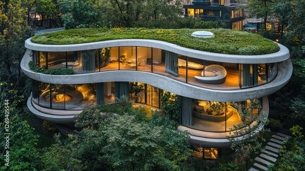 Fototapeta Curving green roof house, night, city background, architecture