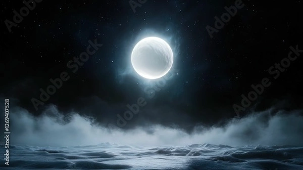 Fototapeta A serene night scene featuring a bright moon above dark, swirling ocean waves, creating a mystical and tranquil atmosphere.