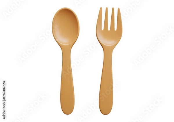 Fototapeta Beige children's spoon and fork set, isolated on white background. Perfect for toddlers and babies, this set is made of durable and safe materials.
