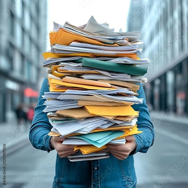 Fototapeta recession debt stability A person holds a large stack of disorganized papers in an urban setting.
