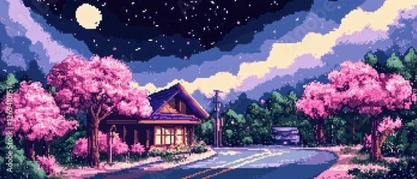 Fototapeta Vibrant spring night with cherry blossoms and a cozy house under a starry sky