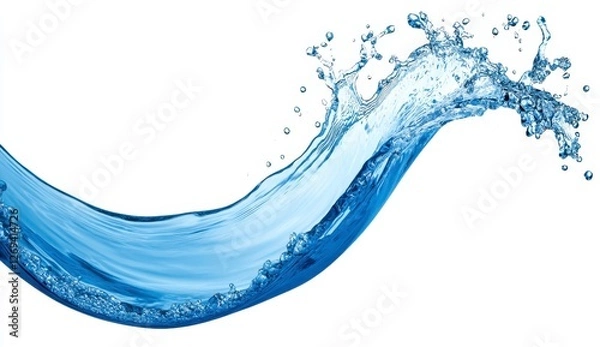 Fototapeta Dynamic blue water splash against white background, captured in a close up studio shot. The water's movement shows a wave like curve with droplets