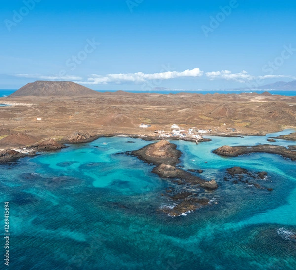 Obraz Aerial view of Puertito village and the beautiful natural pools  lagoons of the island of Lobos near Corralejo in Fuerteventura Spain