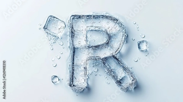 Obraz Ice letter R formed from clear ice cubes on a slick surface with water droplets creating a fresh and cool visual effect