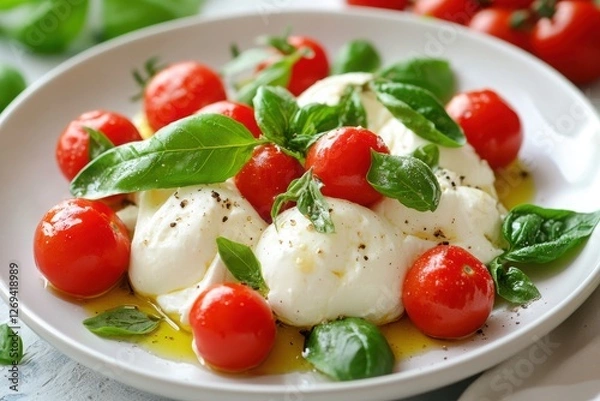Obraz Fresh Caprese Salad with Mozzarella, Tomatoes and Basil Leaves