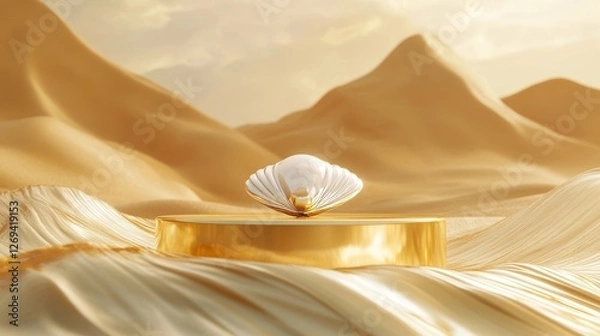 Obraz Shimmering pearl in a golden shell set against a tranquil desert landscape featuring soft sand dunes and gentle waves