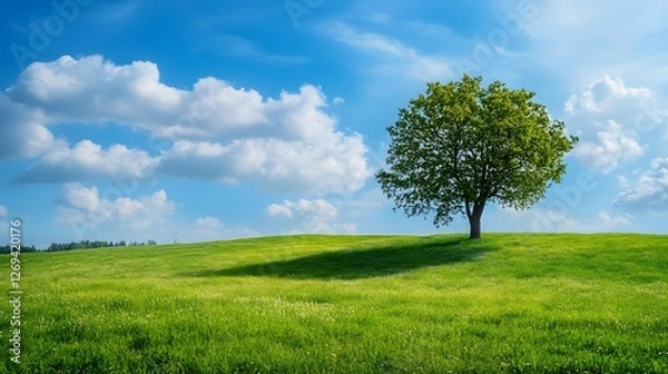 Fototapeta Beautiful green meadow with a tree and blue sky background. Beautiful summer landscape with clouds