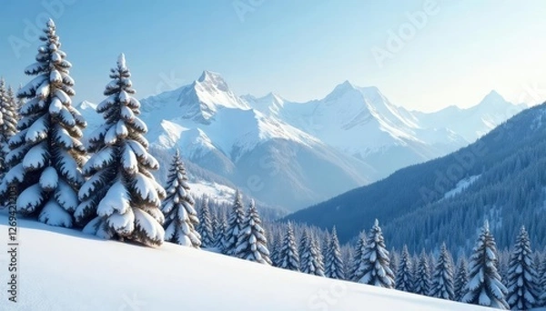Fototapeta Snow covered pine trees gently swaying in winter wind, serene mountains, pine