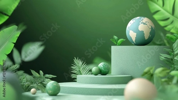 Obraz Green world globe on stylized platform surrounded by lush foliage and decorative elements in serene setting