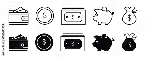 Obraz Finance line icon set. Money, Wallet, piggy bank, coin, money bag or box, savings icons symbol on white background. Vector illustration