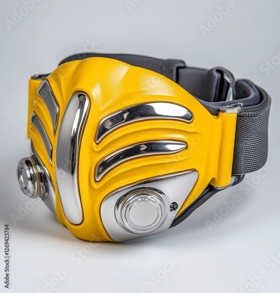 Fototapeta Yellow and gray wrist mounted device with metallic accents, futuristic design, isolated on white background. Product shot showcasing technological