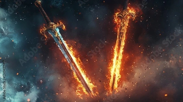 Obraz Flaming swords collide in an intense battle surrounded by vibrant flames and smoke