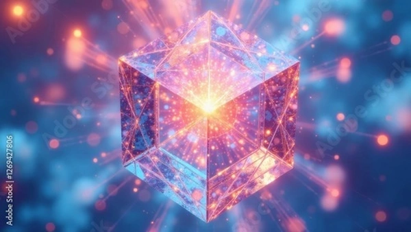 Fototapeta A radiant, multifaceted crystal prism, glowing with inner light and surrounded by a dynamic burst of energy particles.