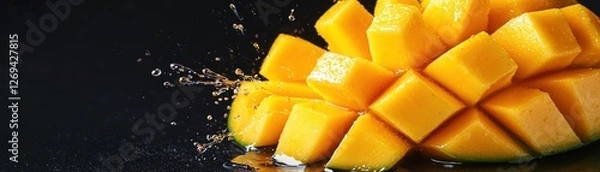 Fototapeta A vibrant splash of ripe mango cubes against a dark background, highlighting the juicy texture and appealing color.
