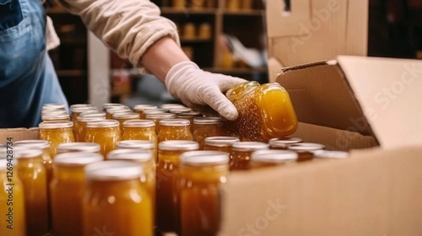 Obraz Worker packs jars of honey in a storage facility during the daylight hours of autumn