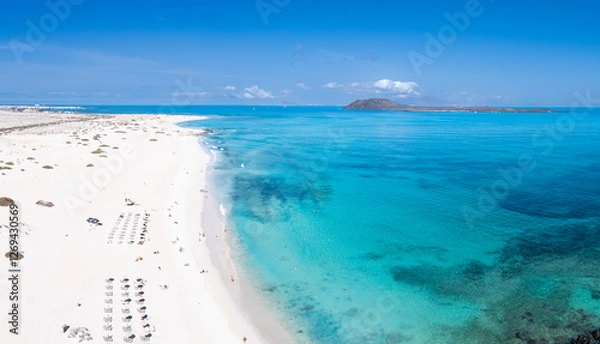 Obraz Beautiful high aspect aerial panoramic view of Flag Beach and Grandes Playa near Corralejo in Fuerteventura Spain