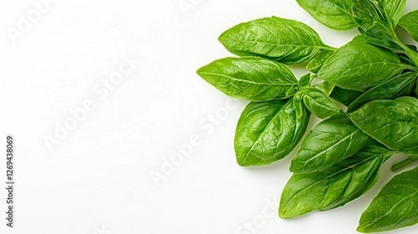 Obraz Fresh Basil Leaves on White Textured Background