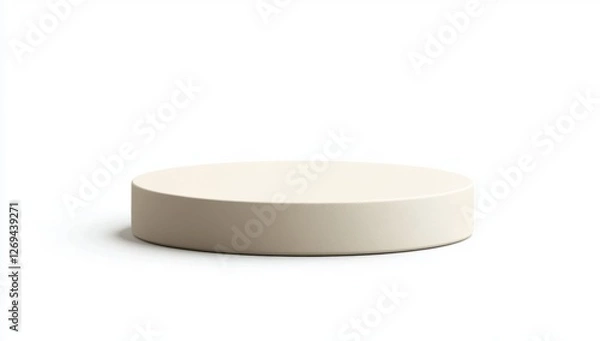 Fototapeta Beige circular pedestal, product display, white background, empty stage