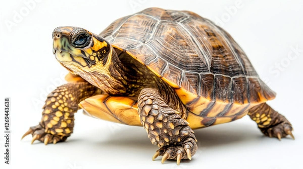 Fototapeta Close-up of an Oriental box turtle walking on its hind legs, isolated on a white background