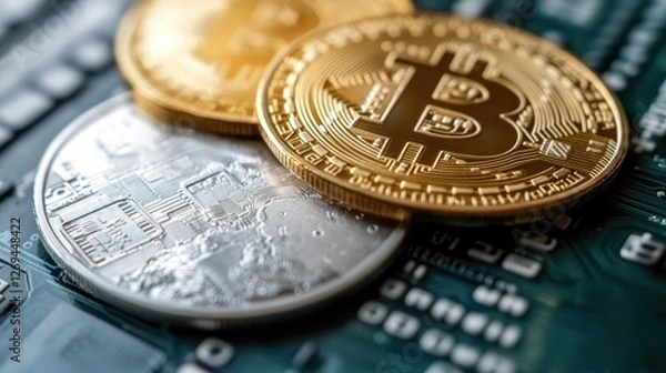 Fototapeta Close-up of Bitcoin and cryptocurrency coins on circuit board