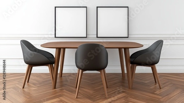Fototapeta Modern dining room interior with two blank square frames on a white wall above a wooden dining table with four black chairs. Warm lighting and