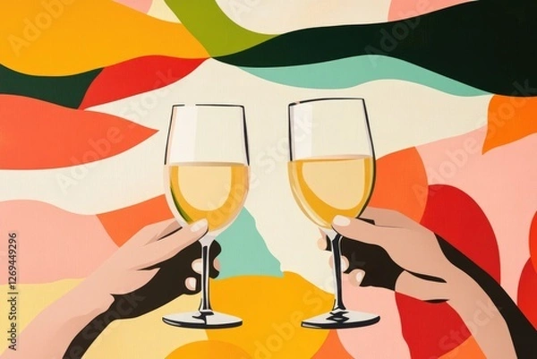 Fototapeta Hands Toasting with Wine Glasses Against Colorful Abstract Background