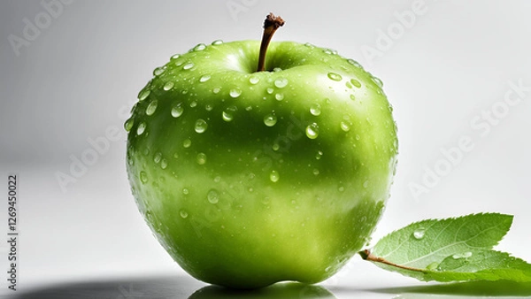 Fototapeta A fresh, delicious green apple accompanied by a leaf, isolated against a white background