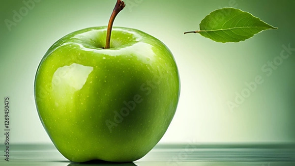 Fototapeta An appetizing green apple, complete with a leaf, set apart on a white surface