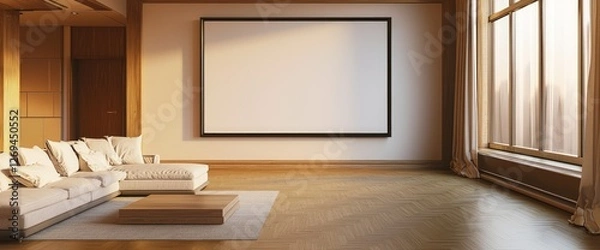 Fototapeta Large open-concept living room with an empty frame on the wall isolated