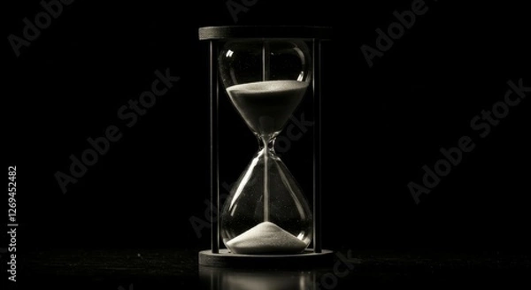 Obraz hourglass, sand, time, reflection, black background, minimalist, dramatic lighting, glass, transparent, symbolic, still life, contrast, monochrome, detail, dark mood, artistic, contemplative, time pas