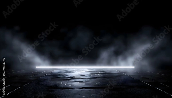 Fototapeta 3D rendering old wet asphalt neon lights street with smoke on black background