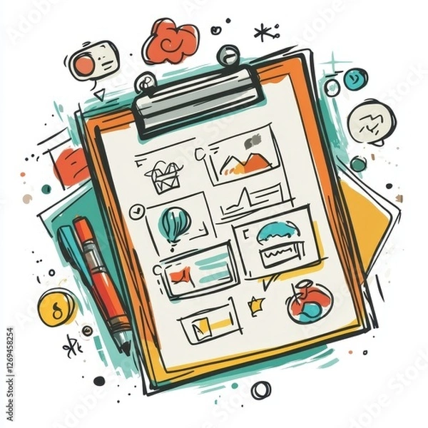 Fototapeta A colorful illustration of a clipboard filled with sketches and notes, surrounded by icons representing creativity and planning.